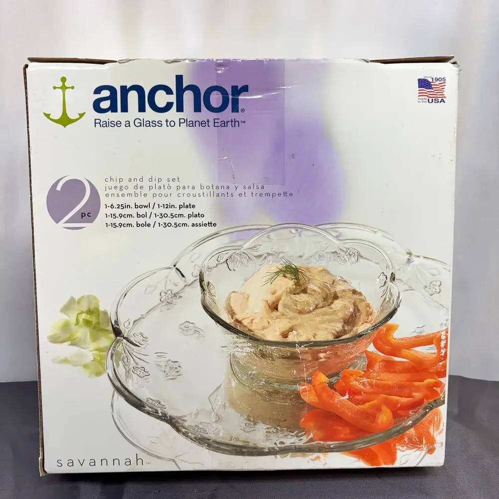 Floral Patterned Chip and Dip Set by Anchor Hocking Savannah Clear Glass 2 pcs